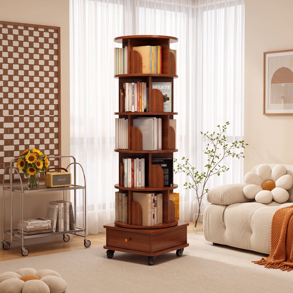 ชั้นวางหนังสือหมุนได้ 360° ชั้นวางหนังสือ อเนกประสงค์ ชั้นวางหนังสือแบบตั้งพื้น 6/5ชั้น จุของได้เยอะ ประกอบง่าย