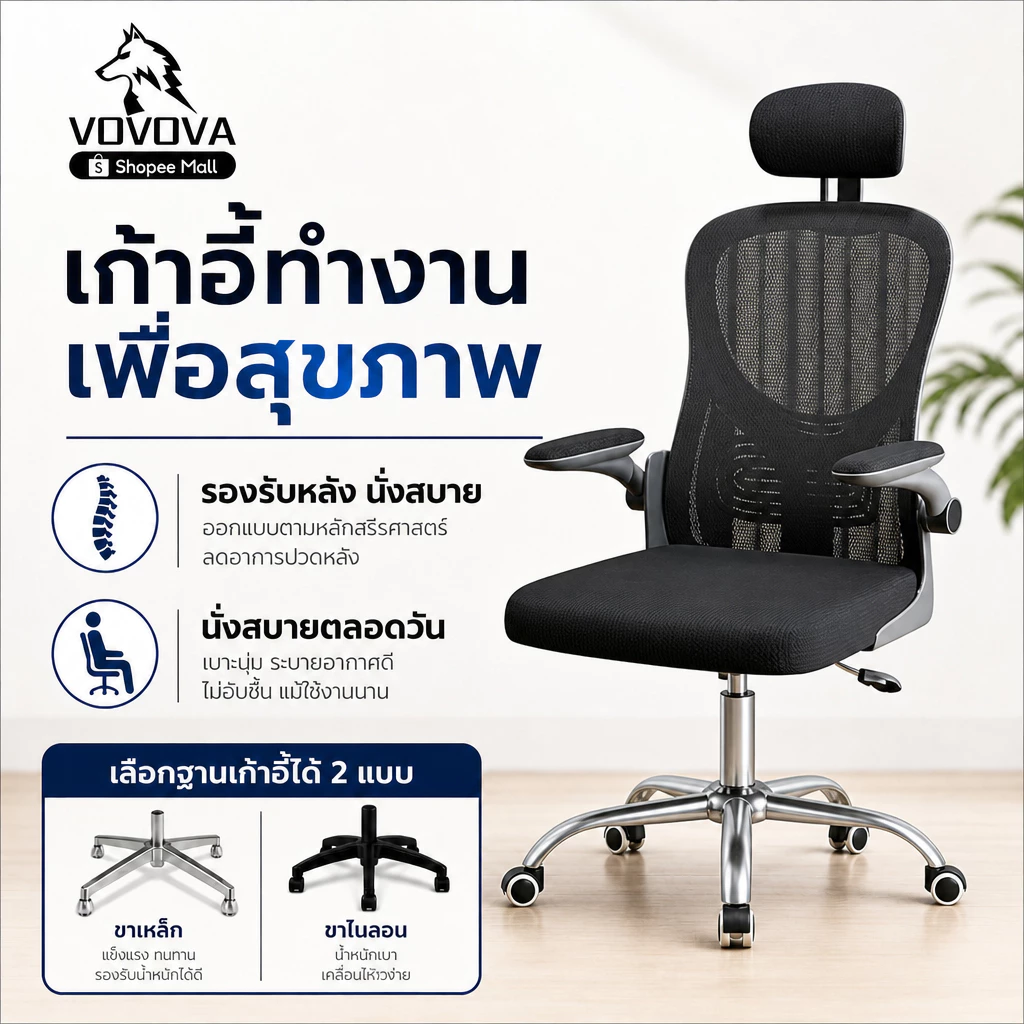 VOVOVA เก้าอี้ทำงานเพื่อสุขภาพ เก้าอี้สำนักงาน Ergonomic มีพนักพิงศีรษะ ปรับพนักพิง 3D รองรับหลัง เบาะยางพารา 2แบบ