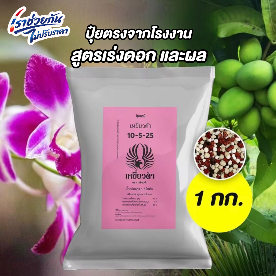 ปุ๋ยเม็ด สูตร 10-5-25 มะม่วง มะนาว ไม้ผล เร่งดอก เร่งผล ป้องกันผลแตก เพิ่มผลผลิต 1 กก. ตราเหยี่ยวดำ