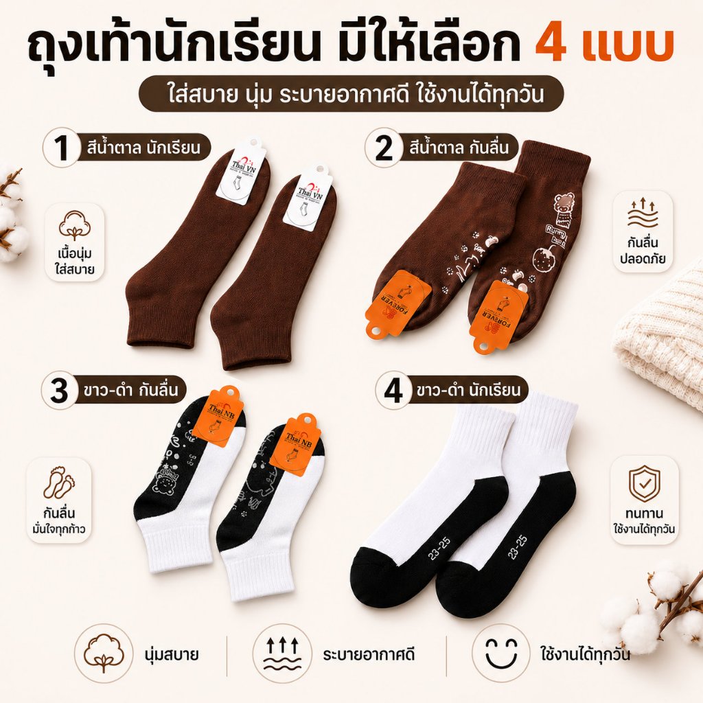 ถุงเท้าข้อกลาง ถุงเท้านักเรียน กันลื่น และขาวพื้นดำ ผ้านุ่ม ใส่สบาย ระบายอากาศดี หลายไซซ์