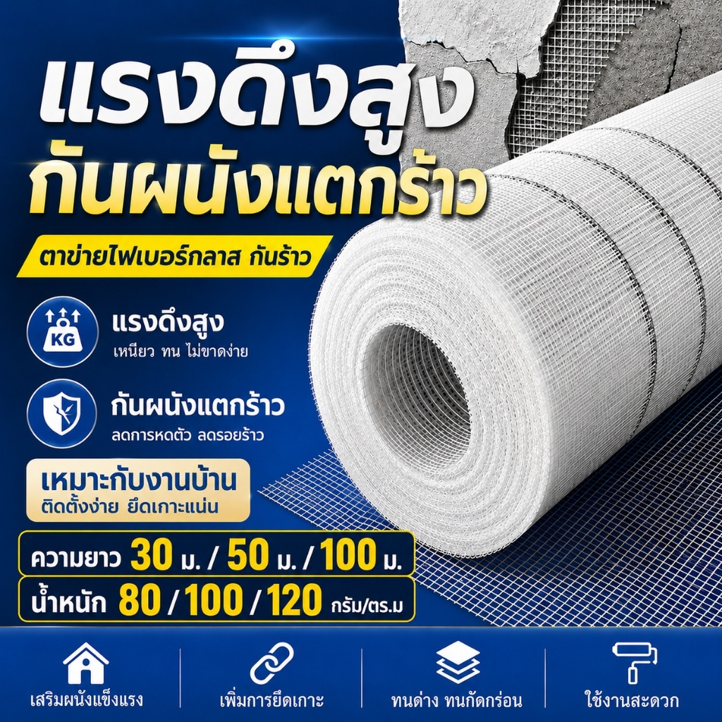 ตาข่ายไฟเบอร์ สำหรับงานฉาบ น้ำหนักตารางเมตร 80กรัม /100กรัม/ 120กรัม งานฉาบปูน กันซึม