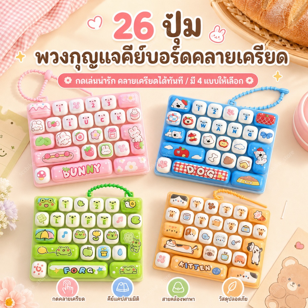 คีย์บอร์ดคลายเครียด 26 ปุ่ม ของเล่นกดปุ่มคีย์บอร์ด มีไฟ/ไม่มีไฟ Fidget Toy พวงกุญแจคีย์บอร์ด ของเล่นคลายเครียด