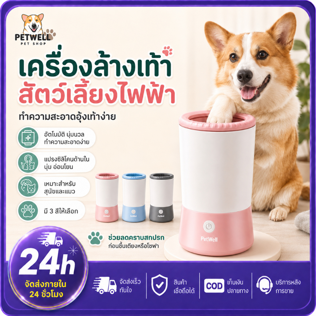 PETWELL ถ้วยล้างเท้าสัตว์เลี้ยง เครื่องล้างอุ้งเท้าสุนัขและแมวแบบไฟฟ้า ทำความสะอาดง่าย พร้อมนวดอุ้งเท้า ใช้งานสะดวก