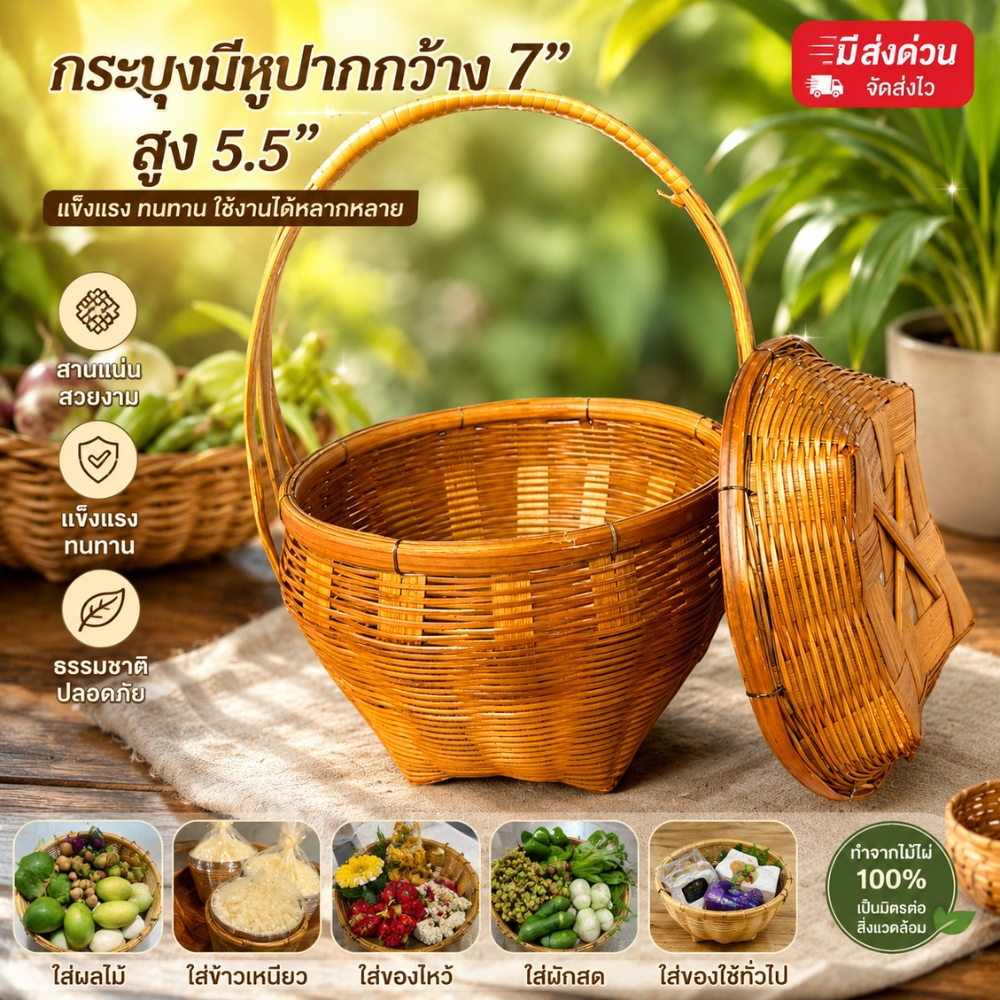 กระบุง ปากกว้าง 7 นิ้ว กระบุงเงิน กระบุงมีหูหิ้ว (กระบุง7นิ้วมีฐาน)