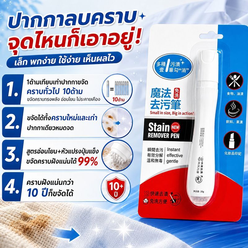 ขจัดคราบใน 1วินาที ปากกาขจัดคราบ20ml ขจัดได้อย่างมีประสิทธิภาพ ปากกาลบคราบเปื้อน ขจัดคราบเสื้อผ้าฝังแน่น ไม่ต้องใช้น้ำ