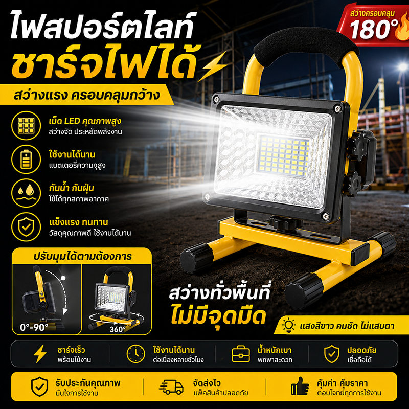 ไฟทำงาน LED พกพา 180° สว่างแรง กันน้ำ กันฝุ่น ใช้ในงานก่อสร้าง งานซ่อมแซม และงานกลางแจ้ง แบตเตอรี่ความจุสูง ใช้งานได้ต่อ