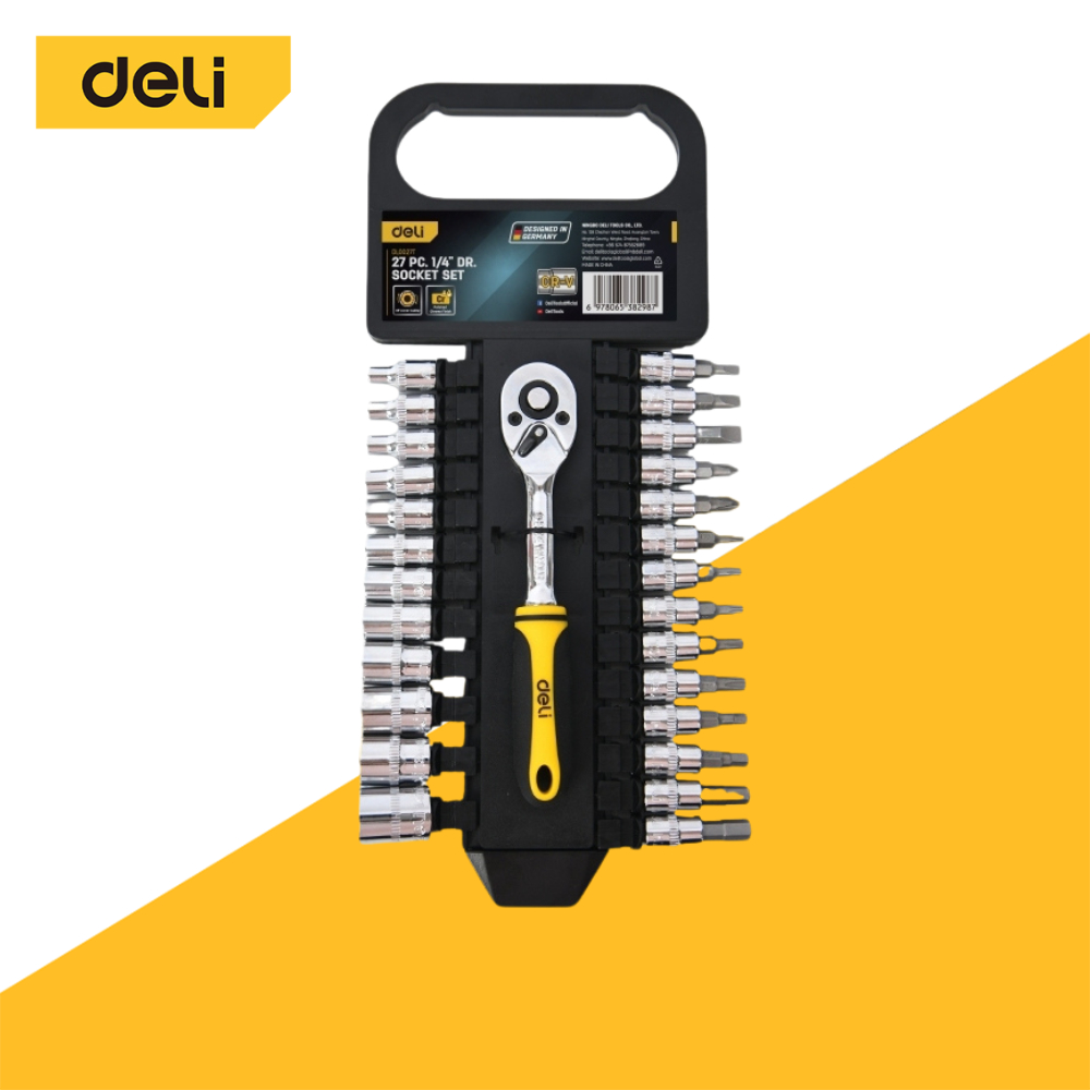 Deli ชุดประเเจ เซ็ตประเเจบล็อก ชุดประแจพร้อมด้าม 27-in-1 ขนาด 1/4 Ratchet handle