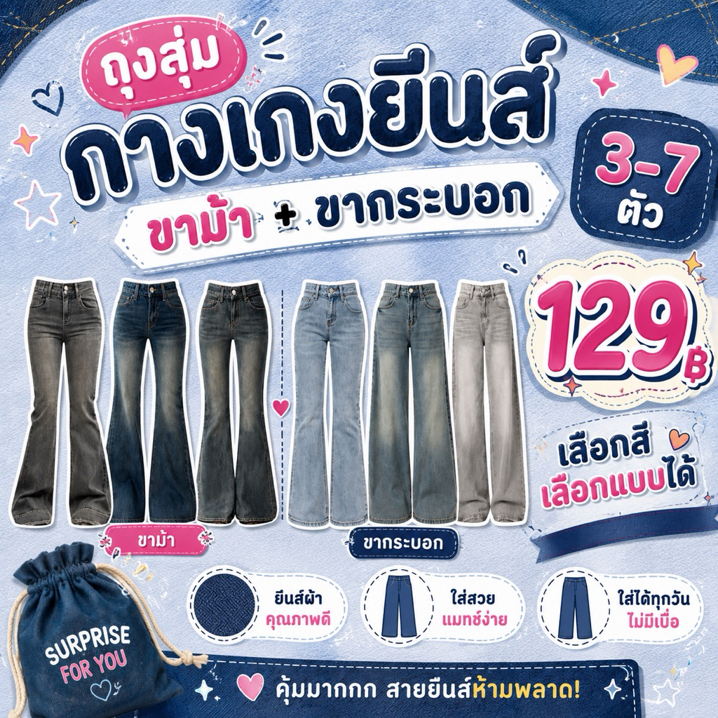 ถุงสุ่มกางเกงยีนส์ขาม้า+ขากระบอก 3-7ตัว99฿