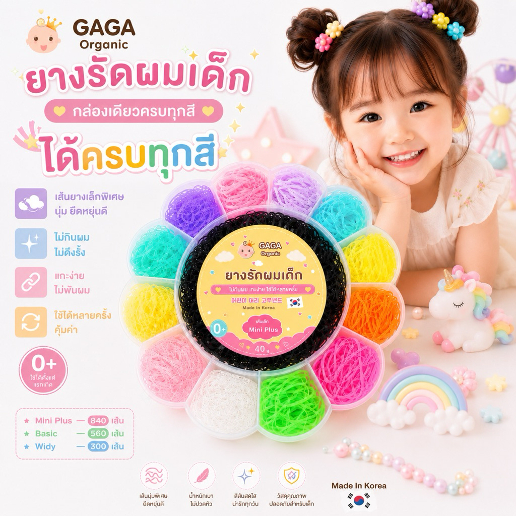 [Sunflower🌼Box ครบทุกสี] GAGA ยางรัดผมเด็ก เกาหลี 🇰🇷 ไม่กินผม แกะออกง่าย TPU100% (สินค้าเกรดพรีเมี่ยมนำเข้า) 40 กรัม