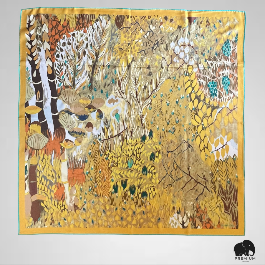 ผ้าพันคอผ้าไหม จิม ทอมป์สัน Silk scarf 33"x33" Jim Thompson ลายดอกไม้เหลือง P07