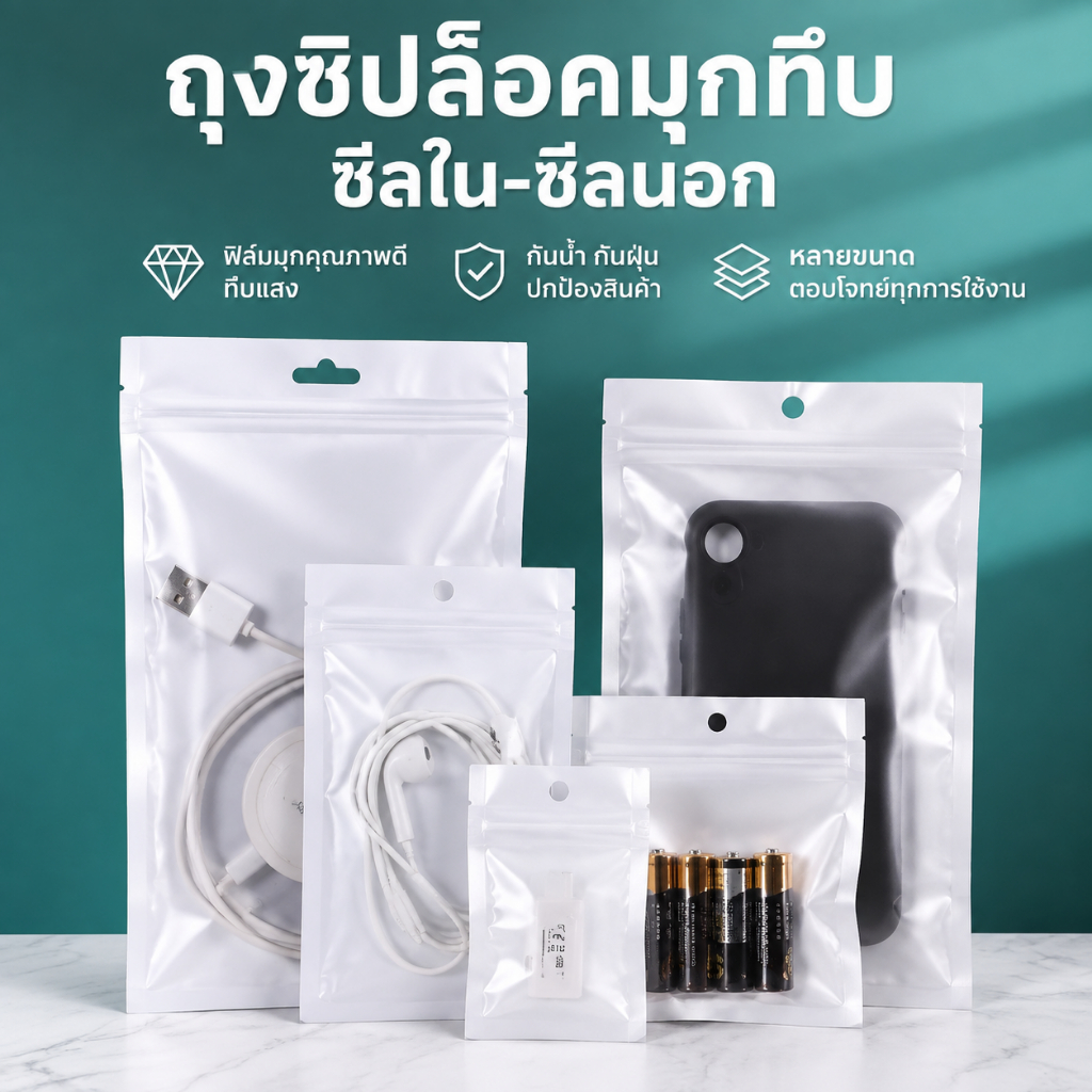 ถุงซิป สีขาว ถุงขนม [แพ็ค 100 ใบ] มีหลายขนาด มีรูแขวน หน้าใส หลังขาว
