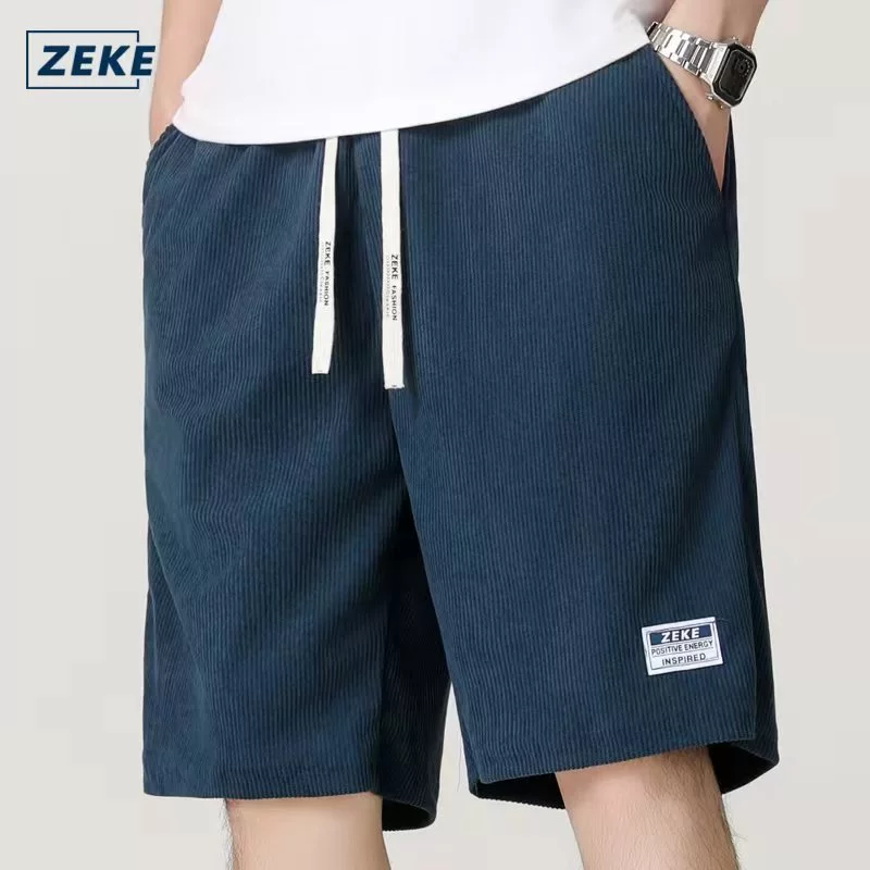 ZEKE B0025 กางเกงขาสั้นผ้าลูกฟูกสำหรับผู้ชาย สีพื้น มีกระเป๋าแบบมีเชือกผูก เหมาะสำหรับเล่นกีฬาและใส่ลำลอง