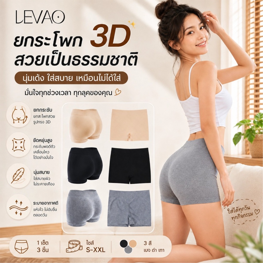 LEVAO กางเกงบ็อกเซอร์ผู้หญิงไร้ตะเข็บ กางเกงในยกก้น เต็มก้น ขาสั้น กระชับสะโพก ไม่เห็นขอบ ระบายอากาศดี 1/3 ตัว