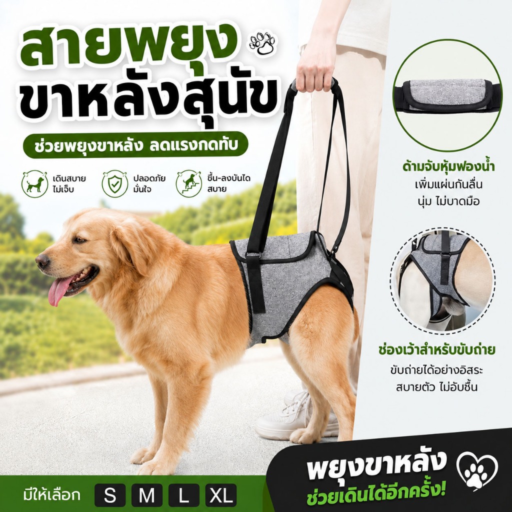 สายพยุงขาหลังสุนัข ผ้าพยุงสุนัข ปรับได้ ผ้าระบายอากาศ ช่วยเดิน สำหรับสุนัขแก่ ขาหลังอ่อนแรง ฟื้นฟูหลังผ่าตัด