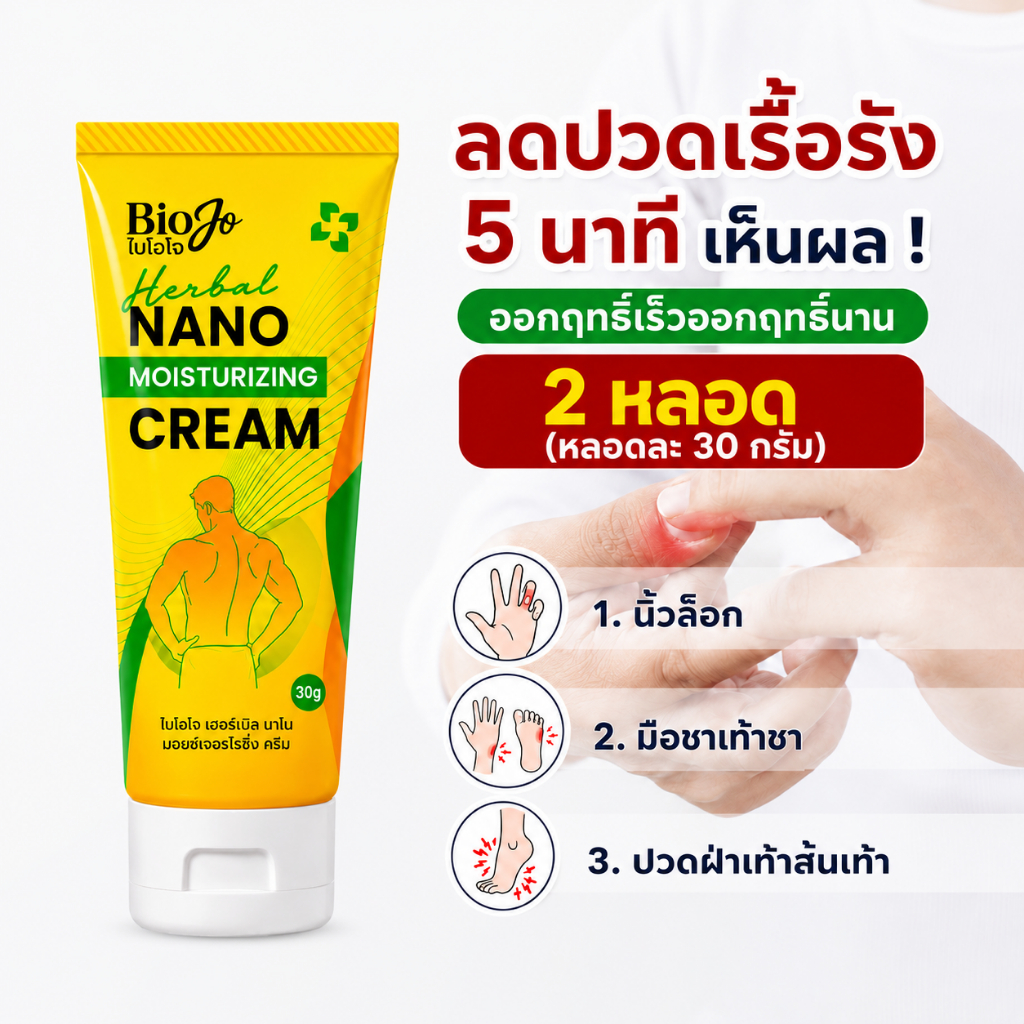 BIOJO ยานวดสมุนไพร สูตรนาโนครีม [2 หลอด] บรรเทาอาการปวดเรื้อรัง อักเสบ นิ้วล็อก รองช้ำ