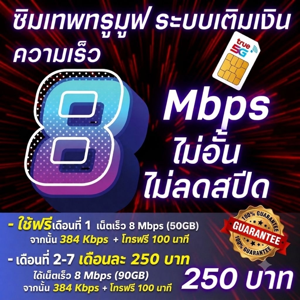 เน็ตเร็ว 8 Mbps ไม่อั้นไม่ลดสปีด + โทรฟรีทุกเครือข่าย 24 ชั่วโมง