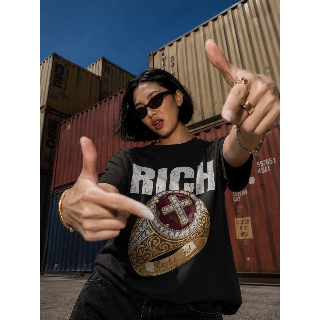 [Bangkok Tales] เสื้อยืด Worldwide Rich Ring สีดำ สีเบจ แขนสั้น Oversize Unisex ไซซ์ 40 44 นิ้ว