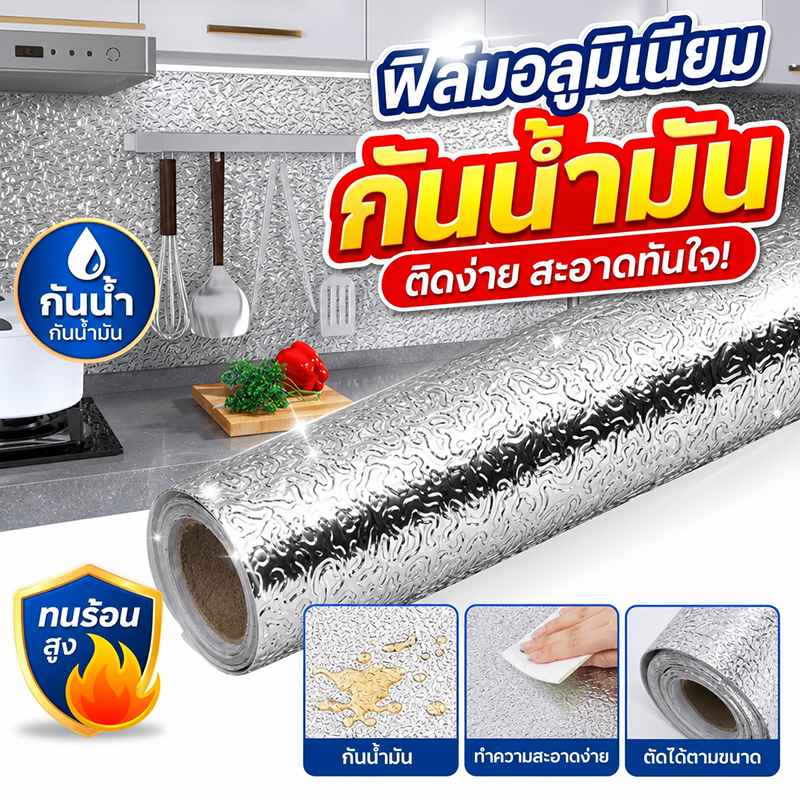 ครัวอลูมิเนียมฟอยล์สติ๊กเกอร์ สติ๊กเกอร์ฟอยด์ self adhesive Wallpaper กันน้ำมันกระเด็น ใช้สำหรับติดผ