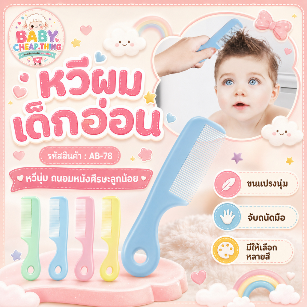 หวีผมเด็กอ่อน (Ab78) - หวีเด็ก สีพาสเทลน่ารัก ๆ สำหรับเด็ก