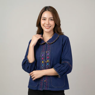เสื้อคอบัวผู้หญิง คอบัวแขนกระดิ่ง ผ้าฝ้ายนุ่มมือปักมือเจ็ดสี งานเย็บดีสวยน่ารักไม่เหมือนใคร ใส่ทำงานใส่เที่ยวได้ทุกโอกาส
