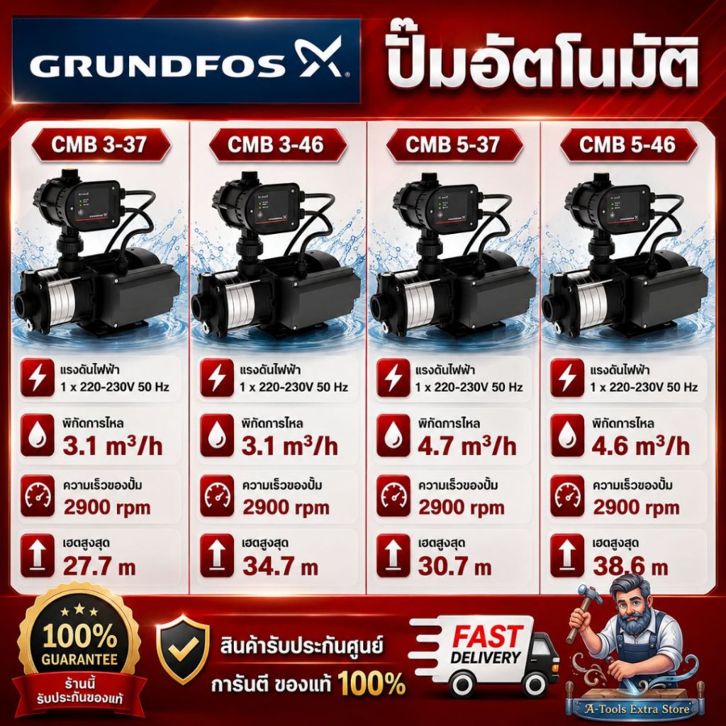 GRUNDFOS ปั้มน้ำอัตโนมัติ รุ่น CMB 3-37 PM START / CMB 3-46 PM START / CMB 5-37 PM START /  CMB 5-46