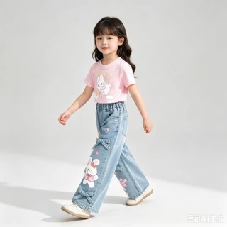 BB366 เช็ตคู่เสื้อยืด + กางเกงยีนส์เด็กผู้หญิง กางเกงขายาวลายการ์ตูนหมีกระต่าย น่ารัก ใส่คู่เสื้อยืด