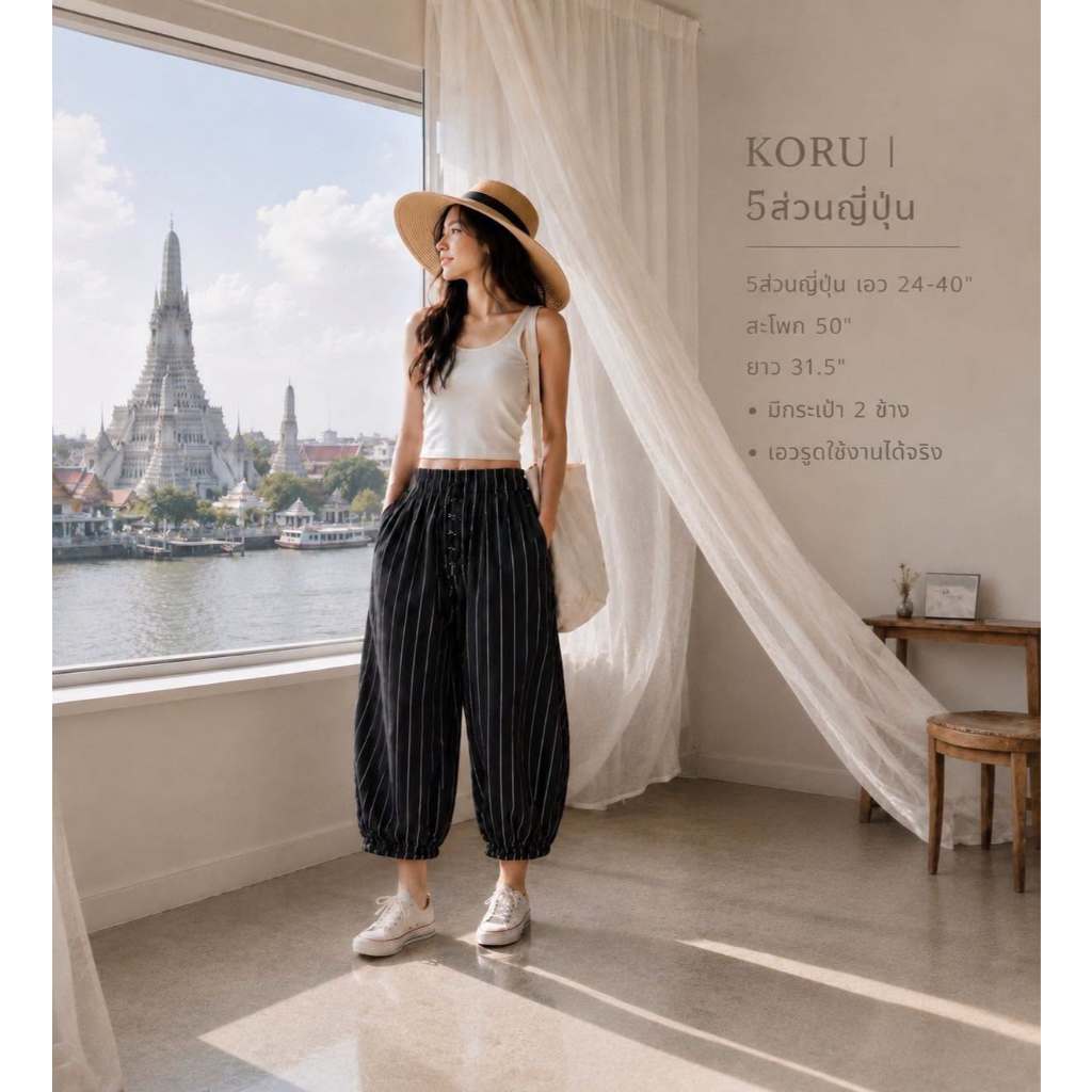 KORU กางเกง5 ส่วนลายริ้วแถบใหญ่