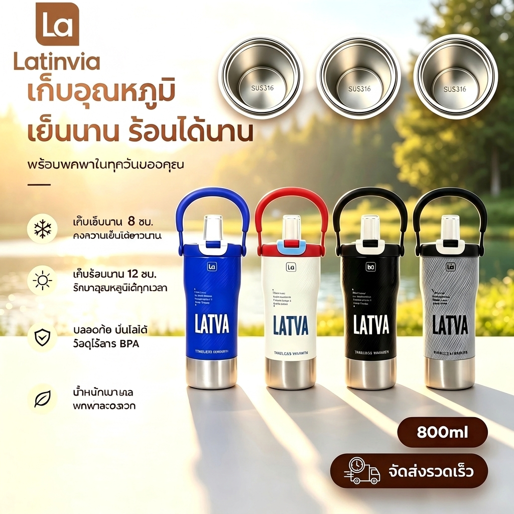 LATINVIA กระติกน้ำ ขวดน้ำ กระบอกน้ำ tumbler 316 เก็บร้อนเก็บเย็น ได้นาน 800ML รุ่น 2026 ใส่ในรถ มีหูหิ้ว กันรั่ว
