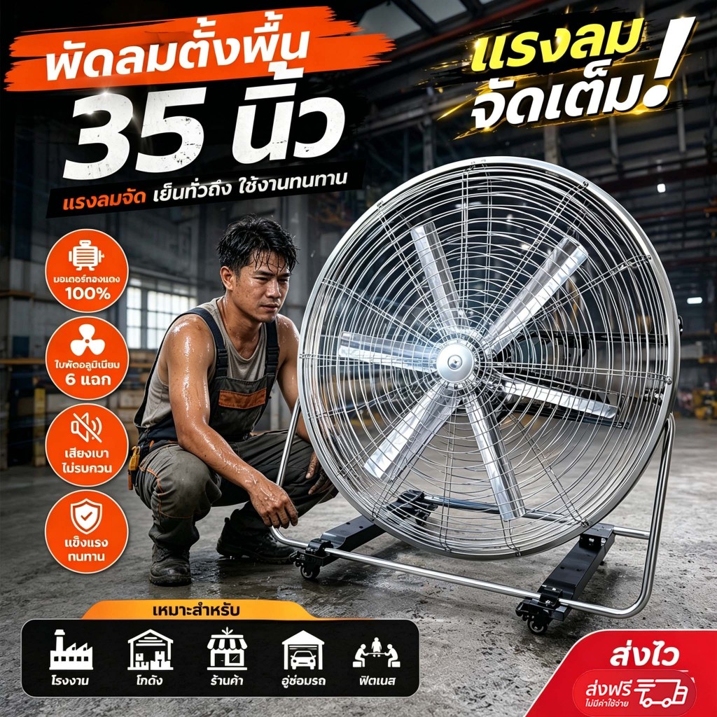 [ออกใบเสร็จได้]ทองแดงพัดลมอุตสาหกรรม กําลังสูงทํางานอย่างต่อเนื่องไม่ร้อนลมแรง พัดลมตั้งพื้น รับรองTIS กําลังไฟ 600W