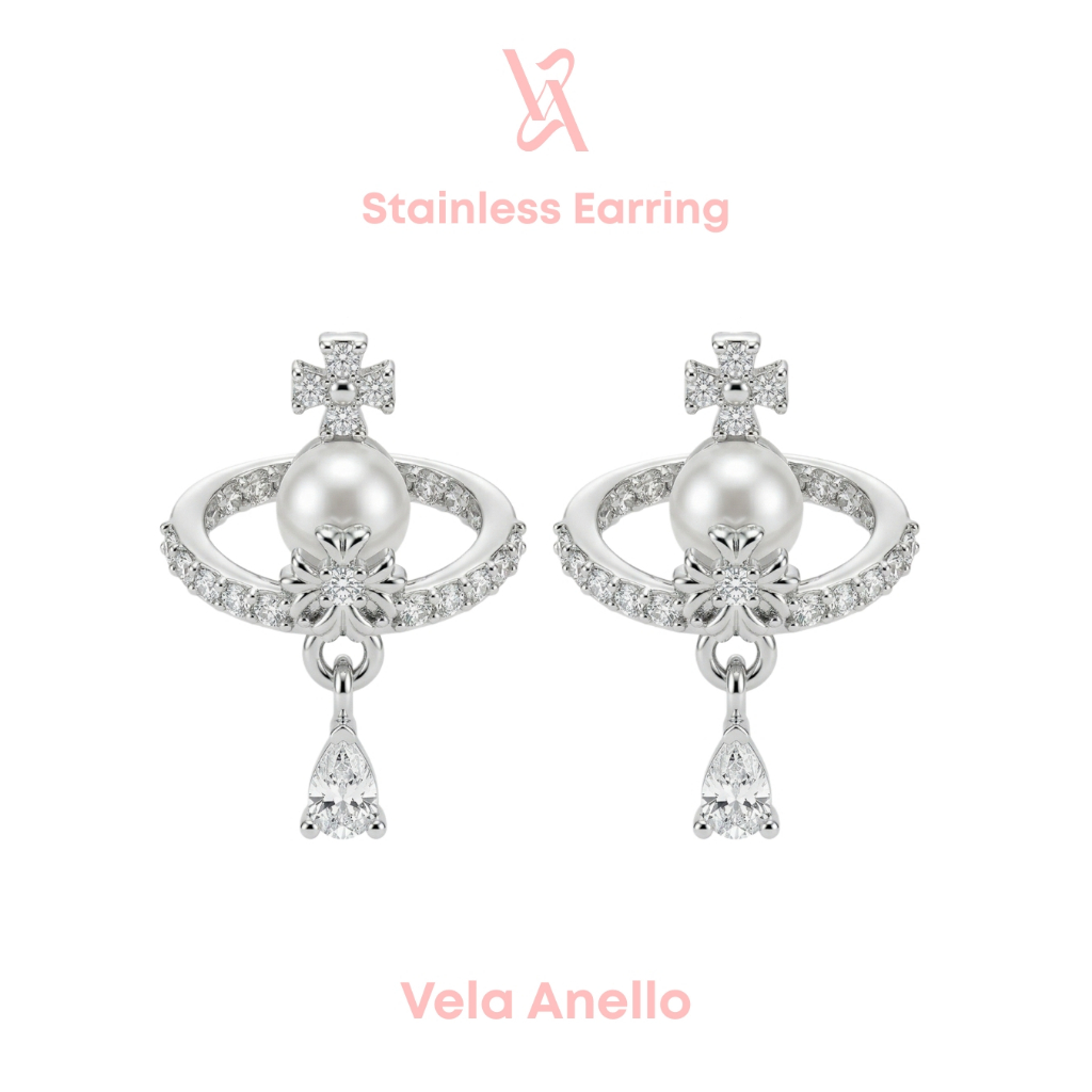 Vela Saturn & steel stainless - Pearl ต่างหูสแตนเลส ต่างหูเพชร ต่างหูระย้า