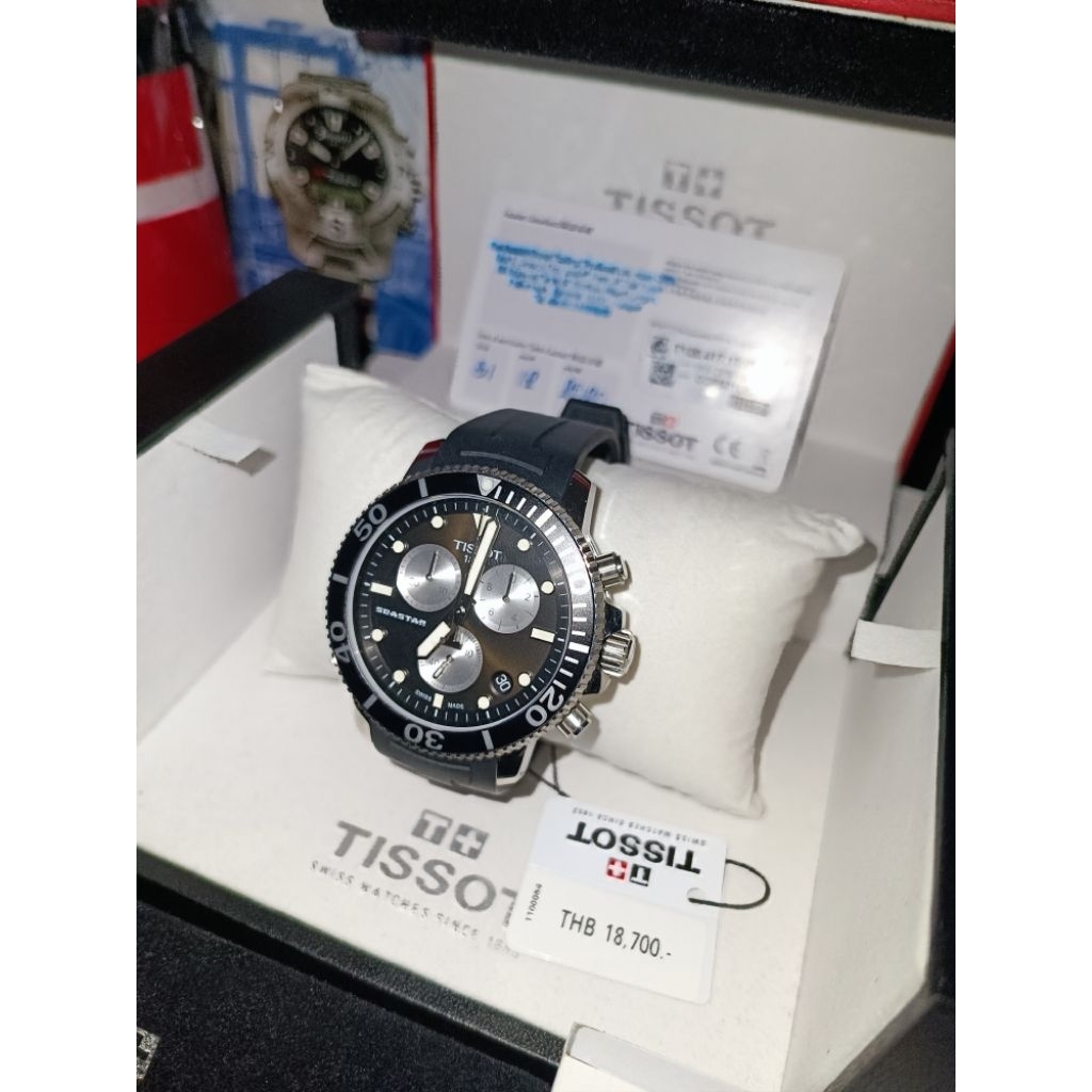 นาฬิกาข้อมือ มือสอง Tissot รุ่น Seastar 1000 Chronograph หน้าปัดอลูมิเนียมสีดำหมุนได้ สายยางสีดำ ขนา