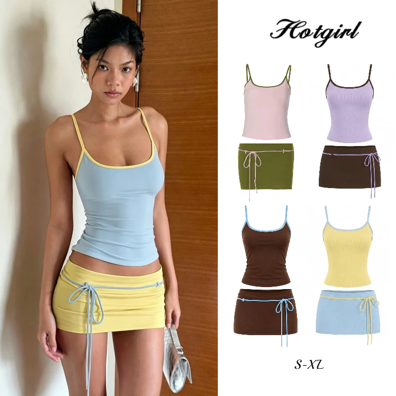 Hotgirl พร้อมส่ง ชุดเซ็ทผู้หญิง ประกอบด้วยเสื้อสายเดี่ยวและกระโปรง สีตัดกัน สไตล์สาวฮอตอเมริกัน