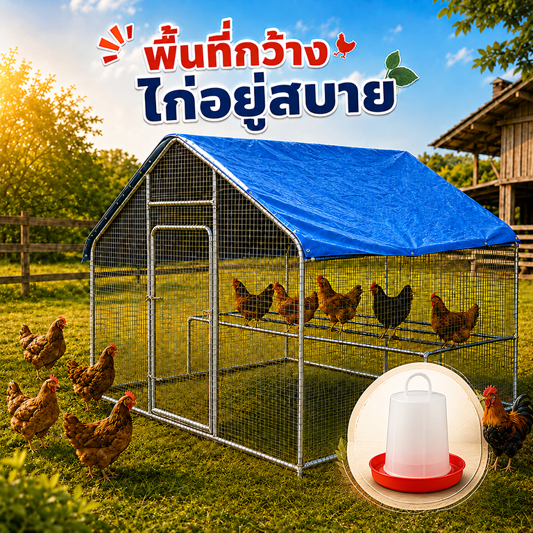 เล้าไก่กลางแจ้ง ขนาดใหญ่ โครงเหล็กผ้าใบกันฝน โรงเรือนเลี้ยงไก่ พร้อมเตียงไก่ หลายขนาด