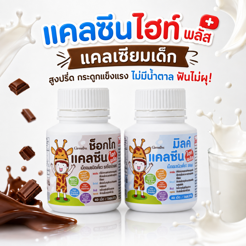 กิฟฟารีน แคลซีน ไฮท์ พลัส แคลเซียมเด็ก เพิ่มความสูง รสนม ช็อกโกแลต ไม่มีน้ำตาล 40 เม็ด ของแท้
