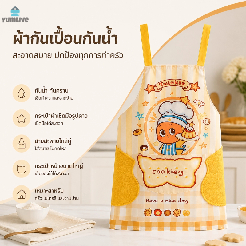 ผ้ากันเปื้อนสะพายหลังดีไซน์คาวาอี้ มีให้เลือก 2 ลาย วัสดุกันคราบมัน มีผ้าเช็ดมือในตัว เย็บแน่นหนา ใช้ทำอาหาร ทำขนม