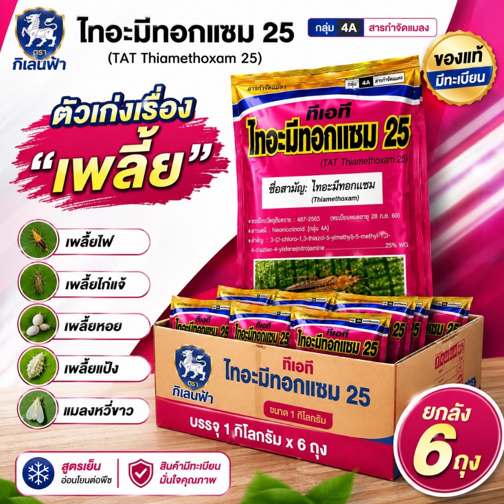{ยกลัง 6 ถุง} ไทอะมีทอกแซม 25 ( ชมพู ) เพลี้ยอ่อน เพลี้ยไฟ เพลี้ยงแปรง แมลงปากดูด เพลี้ยไก่แจ้ แมลงหวี่ขาว เพลี้ยหอย
