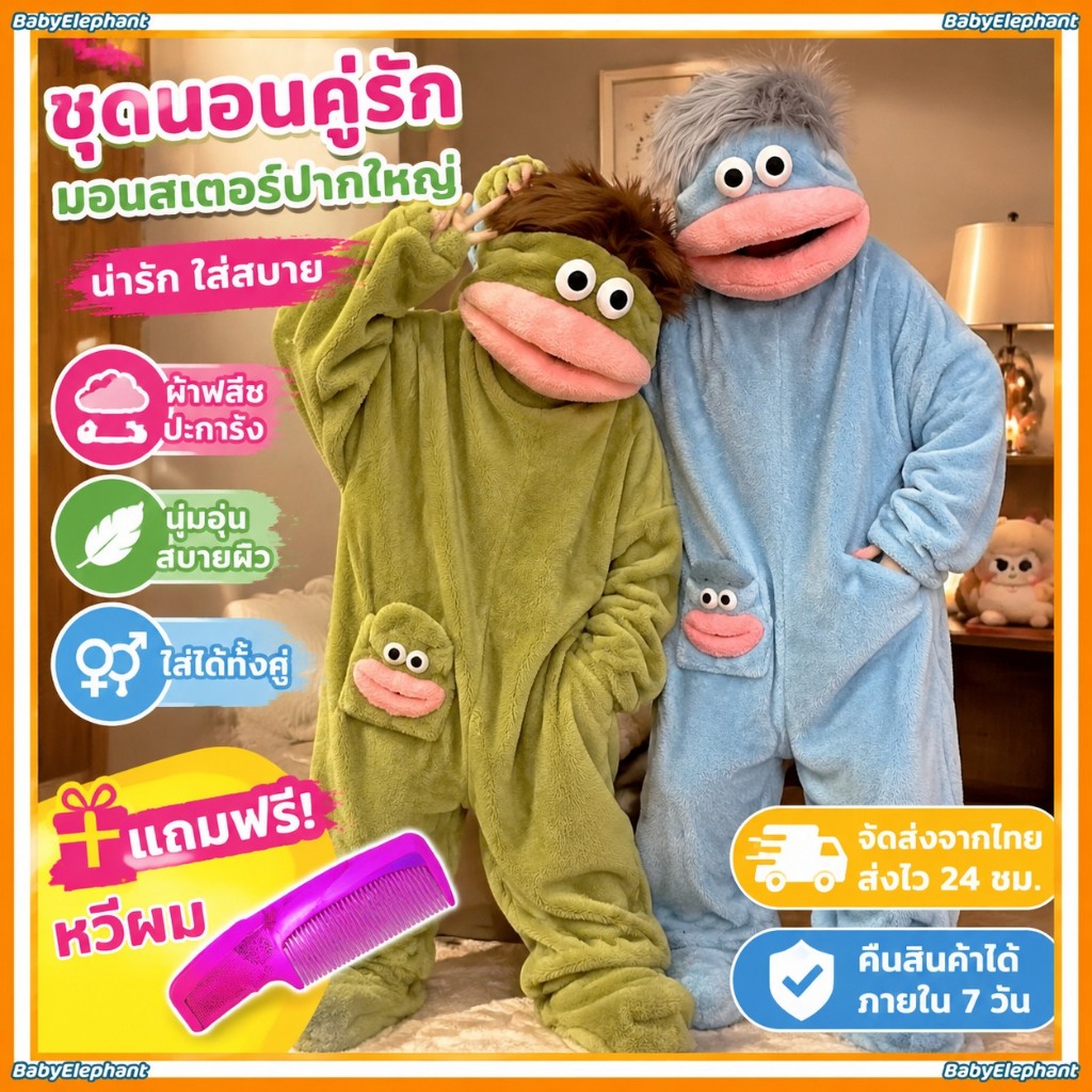 สินค้าใหม่ ชุดนอนคู่รักรูปมอนสเตอร์ปากใหญ่ ผ้าฟลีซปะการัง ลายผมตลกน่ารัก แถมหวีฟรี