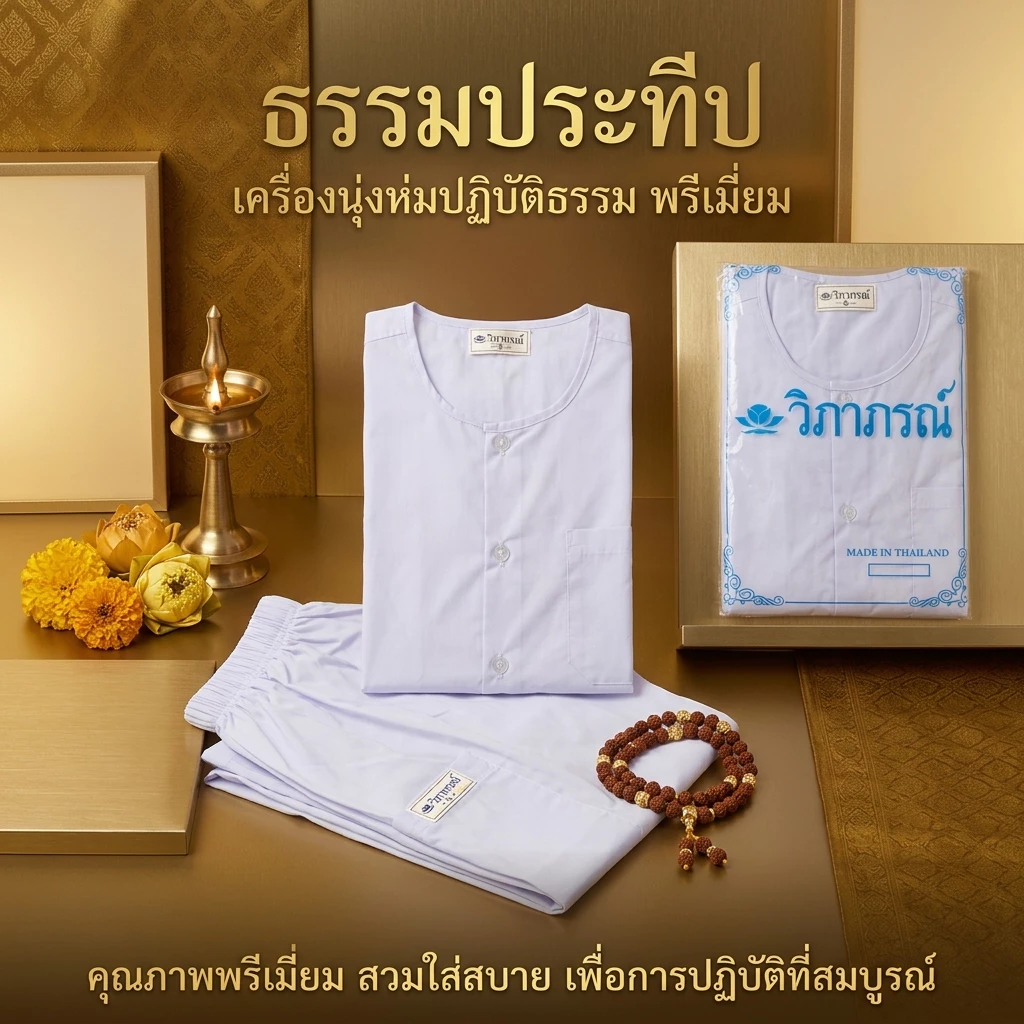ชุดขาวปฏิบัติธรรม ตรา วิภาภรณ์ ชุดบวชใส่ได้ทั้งชายและหญิง