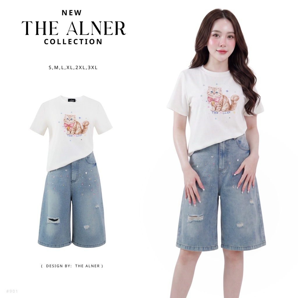 Thealner-AN901 (เซตเสื้อขาวลายแมวแขนสั้นกางเกงยีนส์สามส่วน)