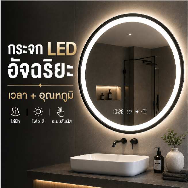 กระจกห้องน้ำทรงกลม LED กรอบทอง/ดำ 40-70 ซม. ไฟ 3 สี ไล่ฝ้า ปรับแสงได้ ระบบสัมผัส เวลา/อุณหภูมิ