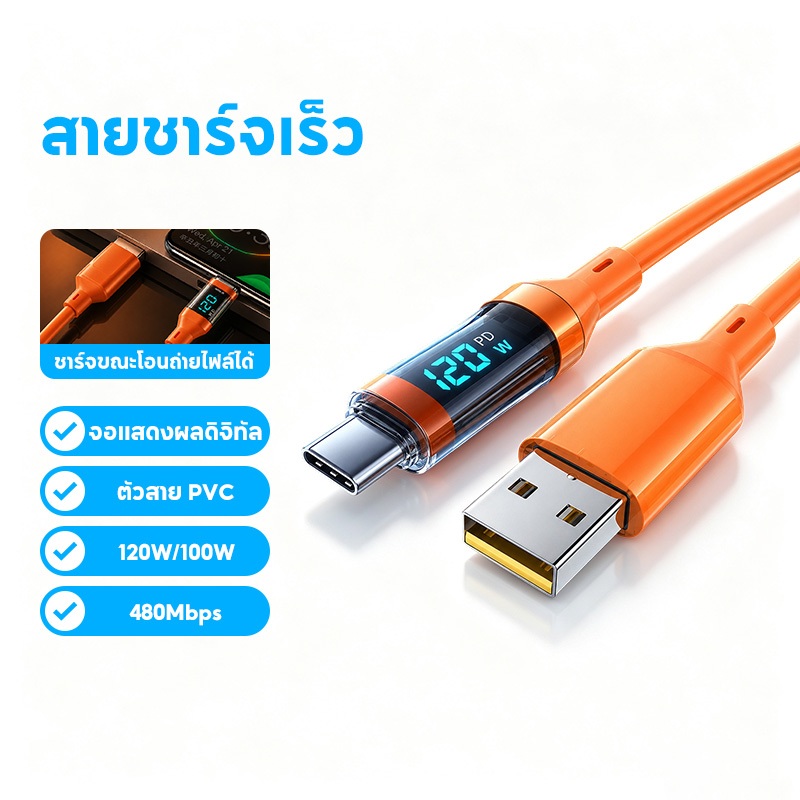 100W / 120W 6A  A to C / C to C  สายเคเบิลข้อมูลจอแสดงผลดิจิตอล ชิปอัจฉริยะเอาต์พุตเสถียร