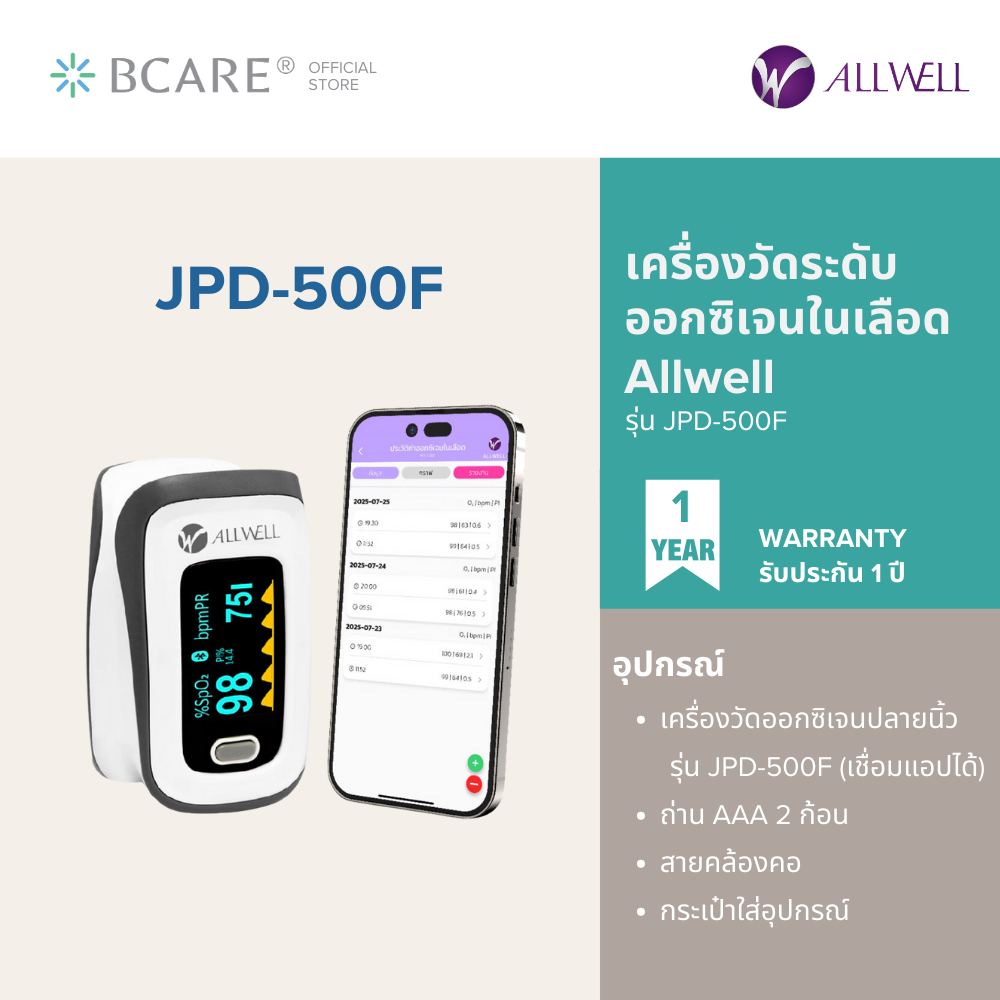 AllWell - เครื่องวัดออกซิเจนปลายนิ้ว พร้อมส่ง รุ่น JPD-500D/JPD-500F (เชื่อมแอปได้) มีให้เลือก 2 รุ่