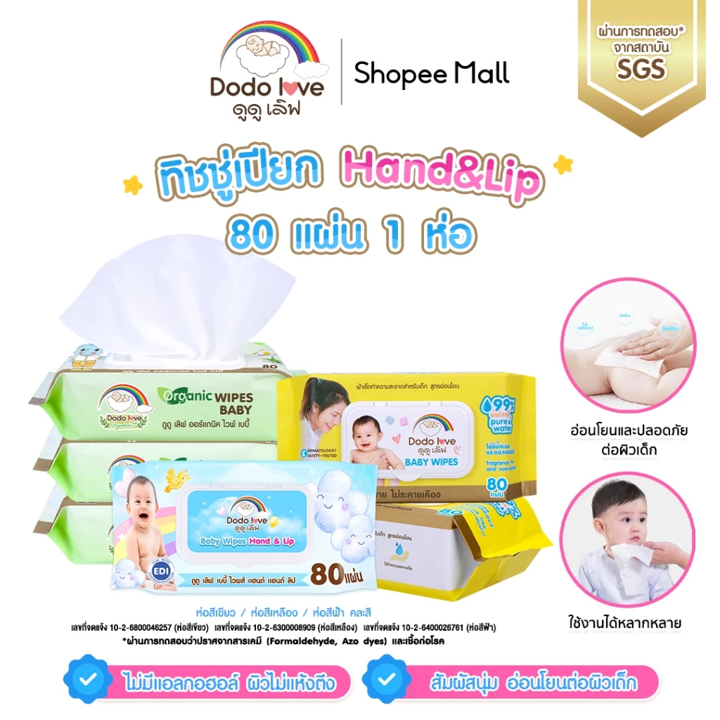 [A] DODOLOVE ทิชชู่เปียก Baby Wipes ห่อใหญ่ 80 แผ่น อ่อนโยน ปราศจากแอลกอฮอล์