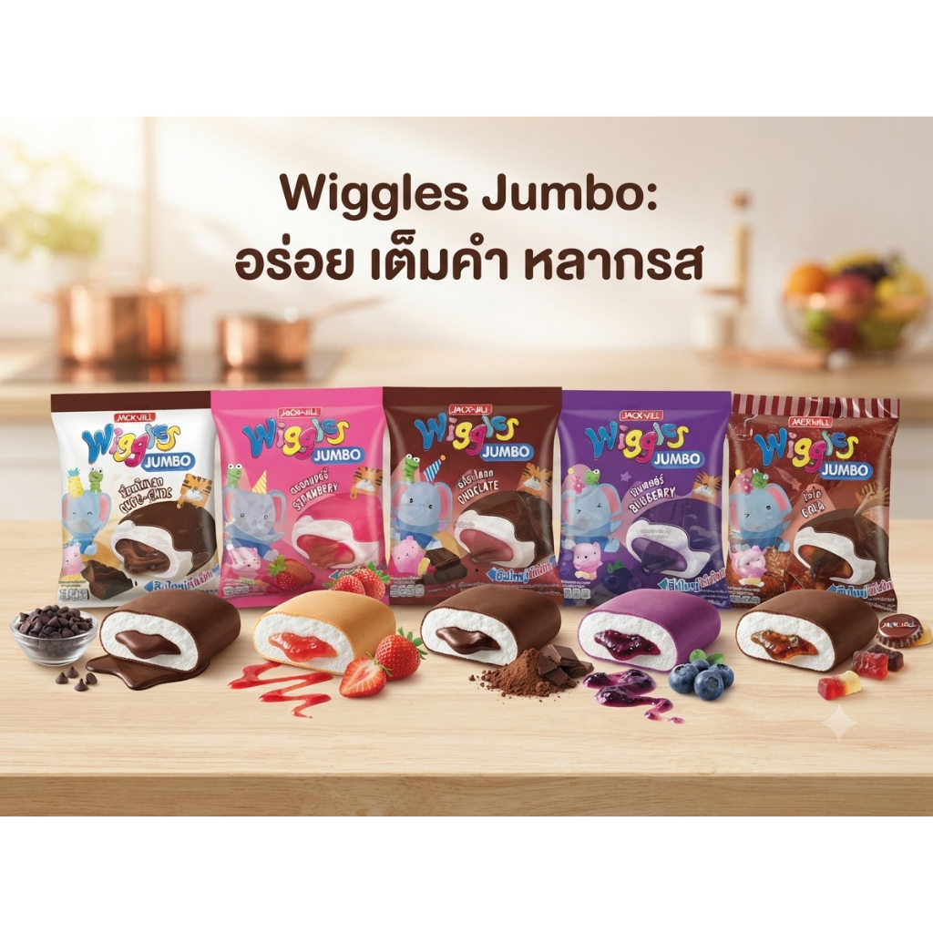 มาร์ชแมลโลว์ วิกเกิ้ลส์ Wiggles ขนมมาร์ชแมลโลว์ชิ้นใหญ่เคลือบช็อกโกแลตและสอดไส้ฉ่ำๆ อร่อยเข้มข้น24ชิ้น