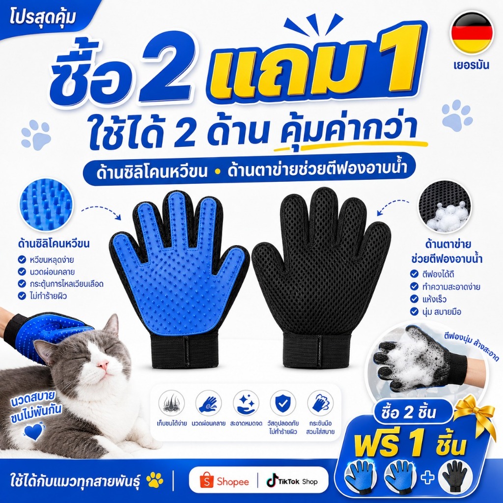 แปรงขนแมวแบบถุงมือ ซิลิโคนยืดหยุ่น ดึงขนออกเป็นแผ่น ทำความสะอาดง่าย