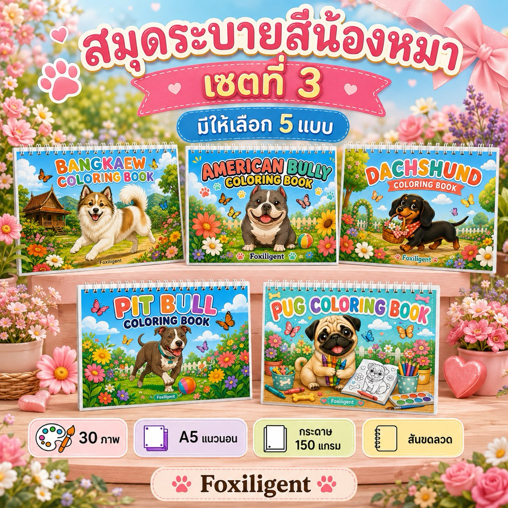 สมุดระบายสีน้องหมา A5 แนวนอน 30 ลาย กระดาษ 150 แกรม เลือกได้ 5 สายพันธุ์ | Foxiligent เซตที่ 3