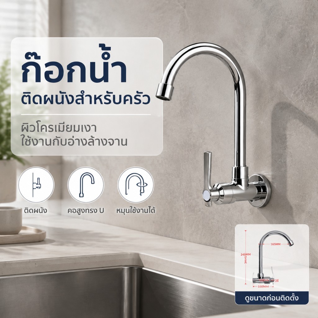 ก๊อกน้ำน้ำเย็นติดกำแพง โครเมียมขัดเงา ต้านคราบตะกรันและสนิม