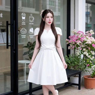 D259 เดรสคอวีแต่งโบว์ กระเป๋าล้วง มีไซส์S-3XL ใส่ทำงาน ออกงาน ไปงานแต่ง เพิ่มความมั่นใจได้เลย
