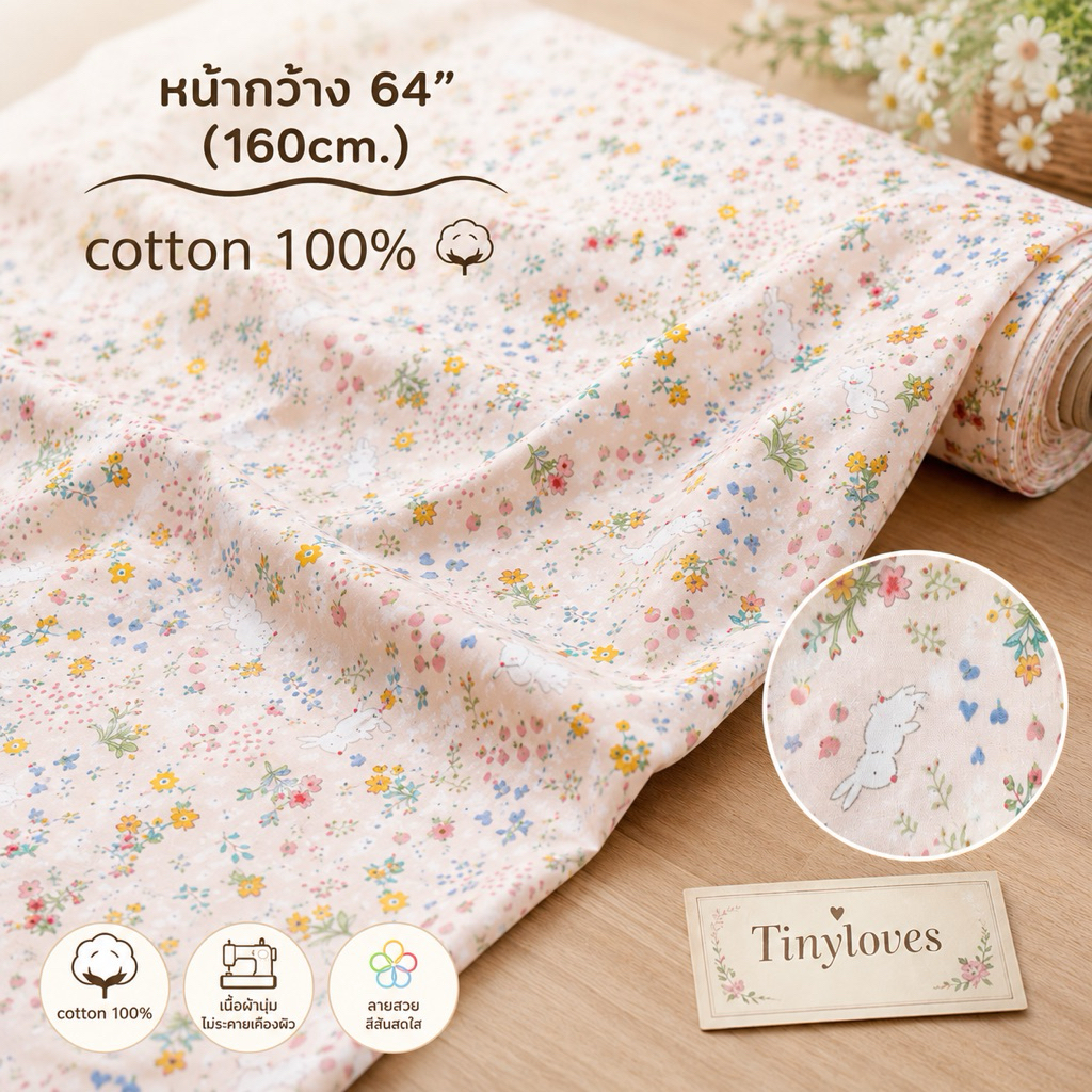 ⭐️ อ่านรายละเอียดก่อนสั่งนะคะ⭐️ ผ้าคอตตอน 100% หน้ากว้าง 64 นิ้ว(160cm.) วัดครั้งละ1/2เมตร ตัดต่อเนื่องได้พร้อมส่ง