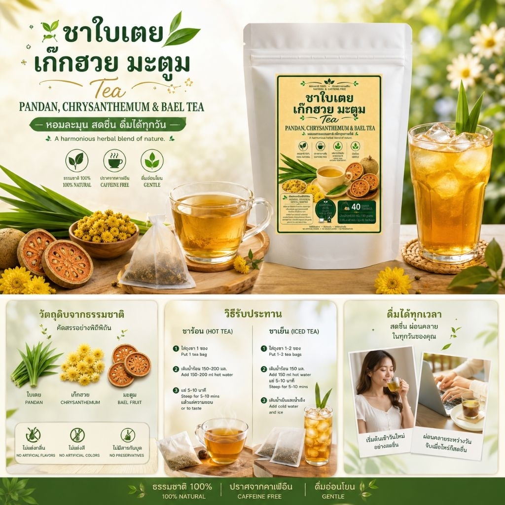 ชาใบเตย เก็กฮวย มะตูม40 ซอง หอมละมุน ไม่มีคาเฟอีน ไม่มีน้ำตาล ชงง่าย ดื่มได้ทั้งร้อนและเย็น ธรรมชาติ 100% รูปที่ 5